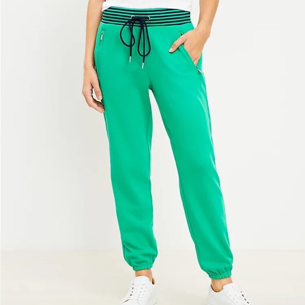 Lou & Grey Striped Ribtrim Cozy Cotton Terry Joggers Green and Navy Size Medium